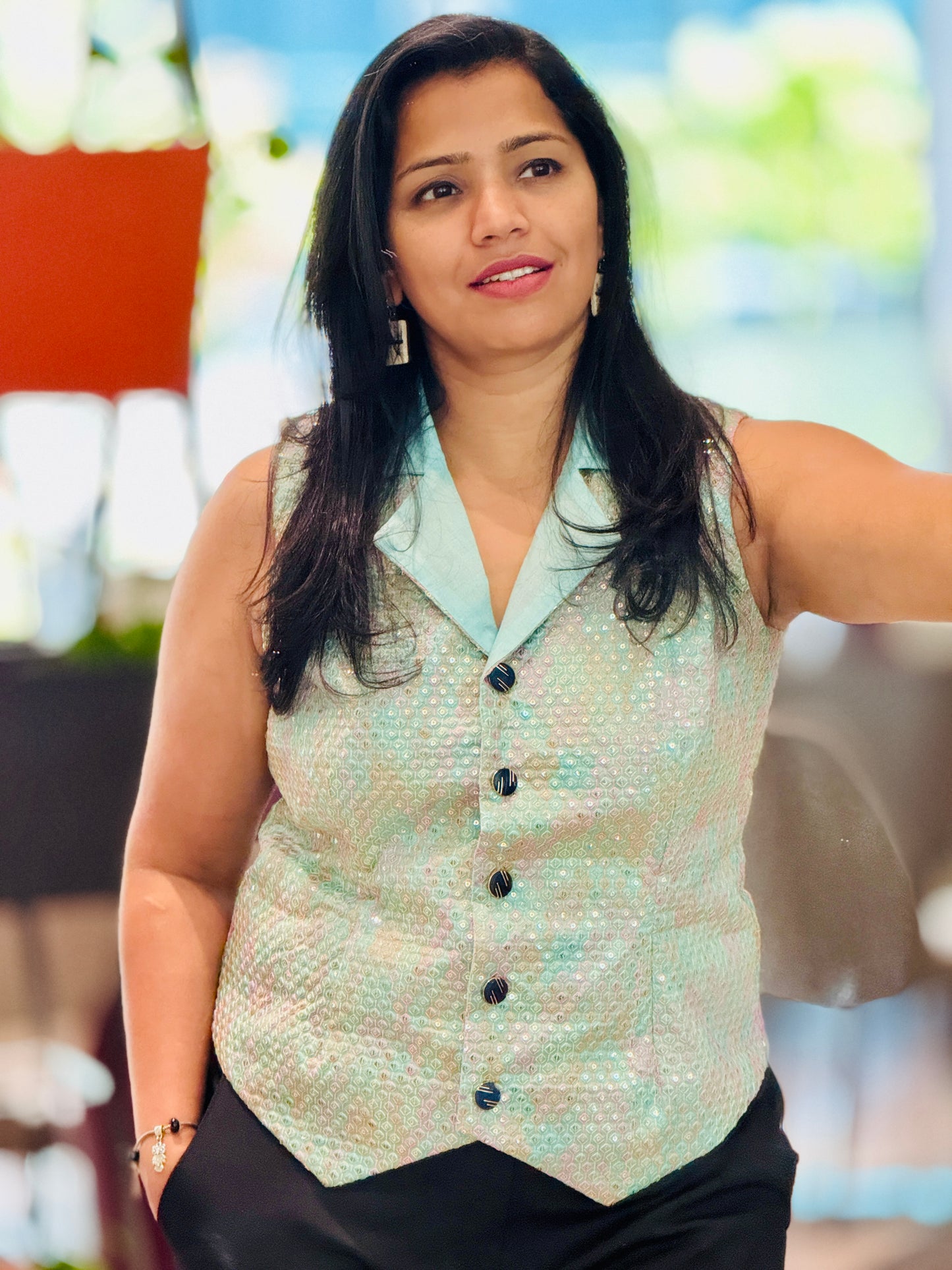 Women’s Aqua Green Waistcoat – Premium Mulberry Silk  Vest with Thread Work