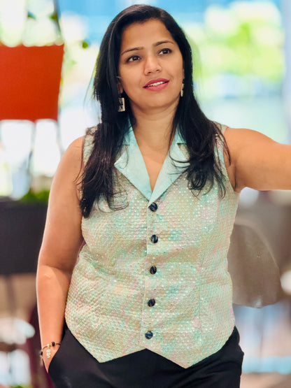 Women’s Aqua Green Waistcoat – Premium Mulberry Silk  Vest with Thread Work
