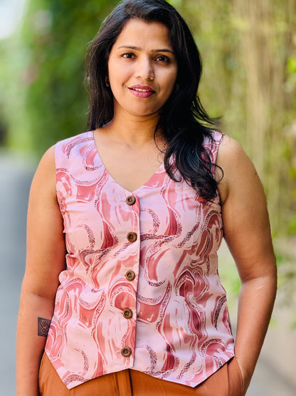 Women’s Cool Pink & White Waistcoat – Premium Cotton Vest with abstract wave prints