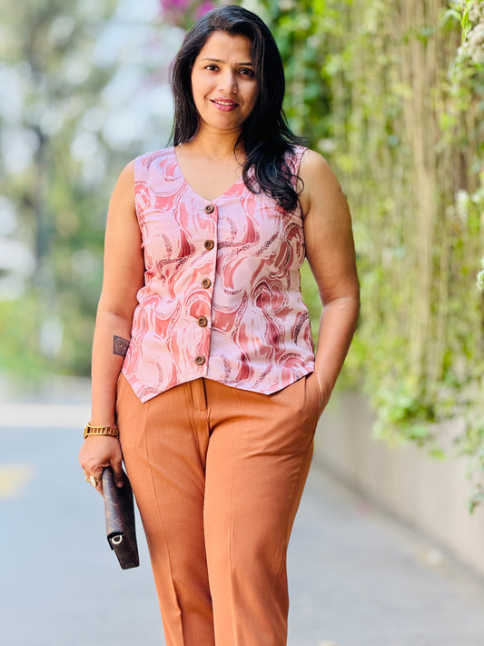 Women’s Cool Pink & White Waistcoat – Premium Cotton Vest with abstract wave prints
