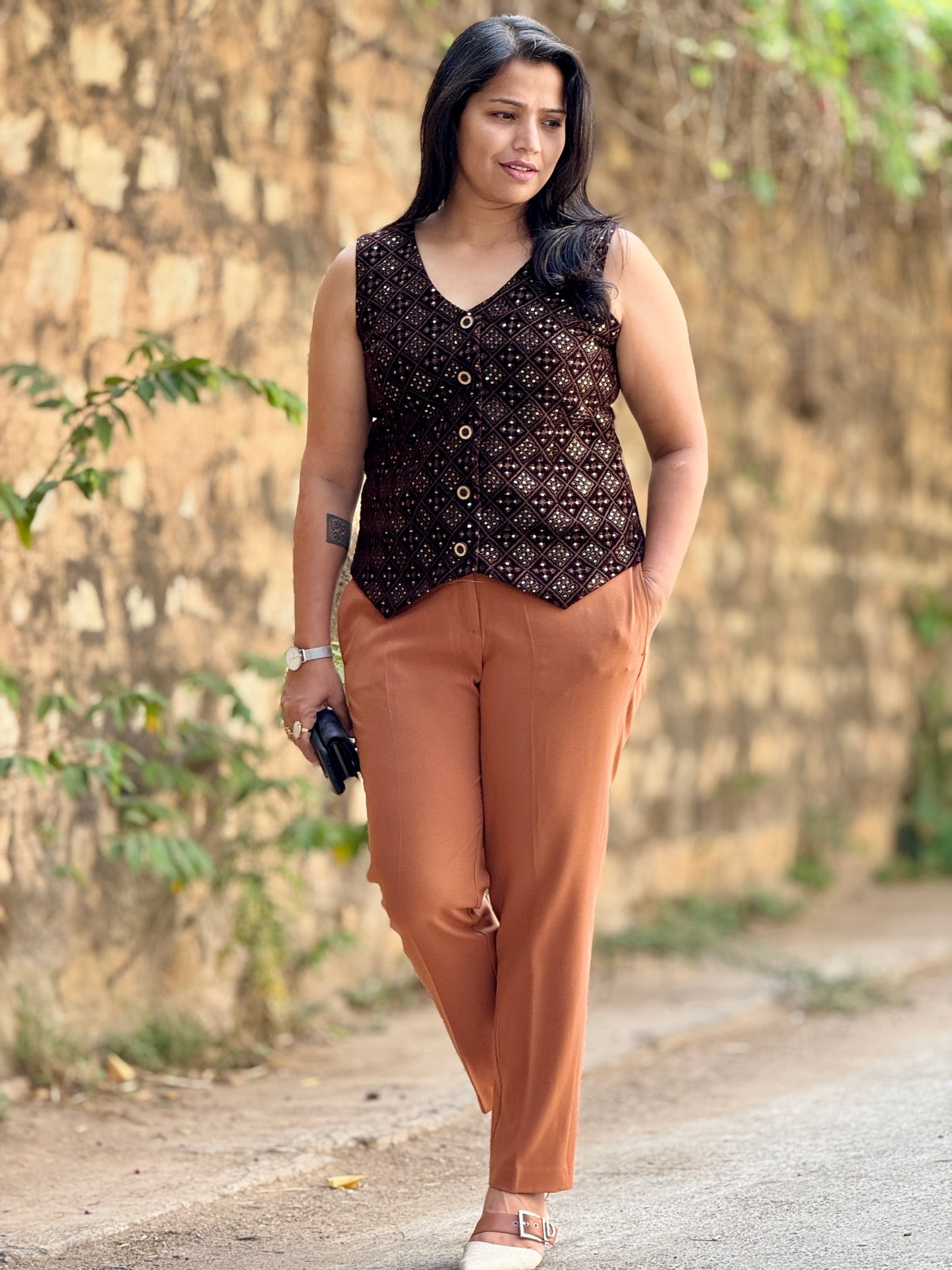 Women’s Chocolate Brown Waistcoat – Premium Velvet Vest with Rich Thread Work