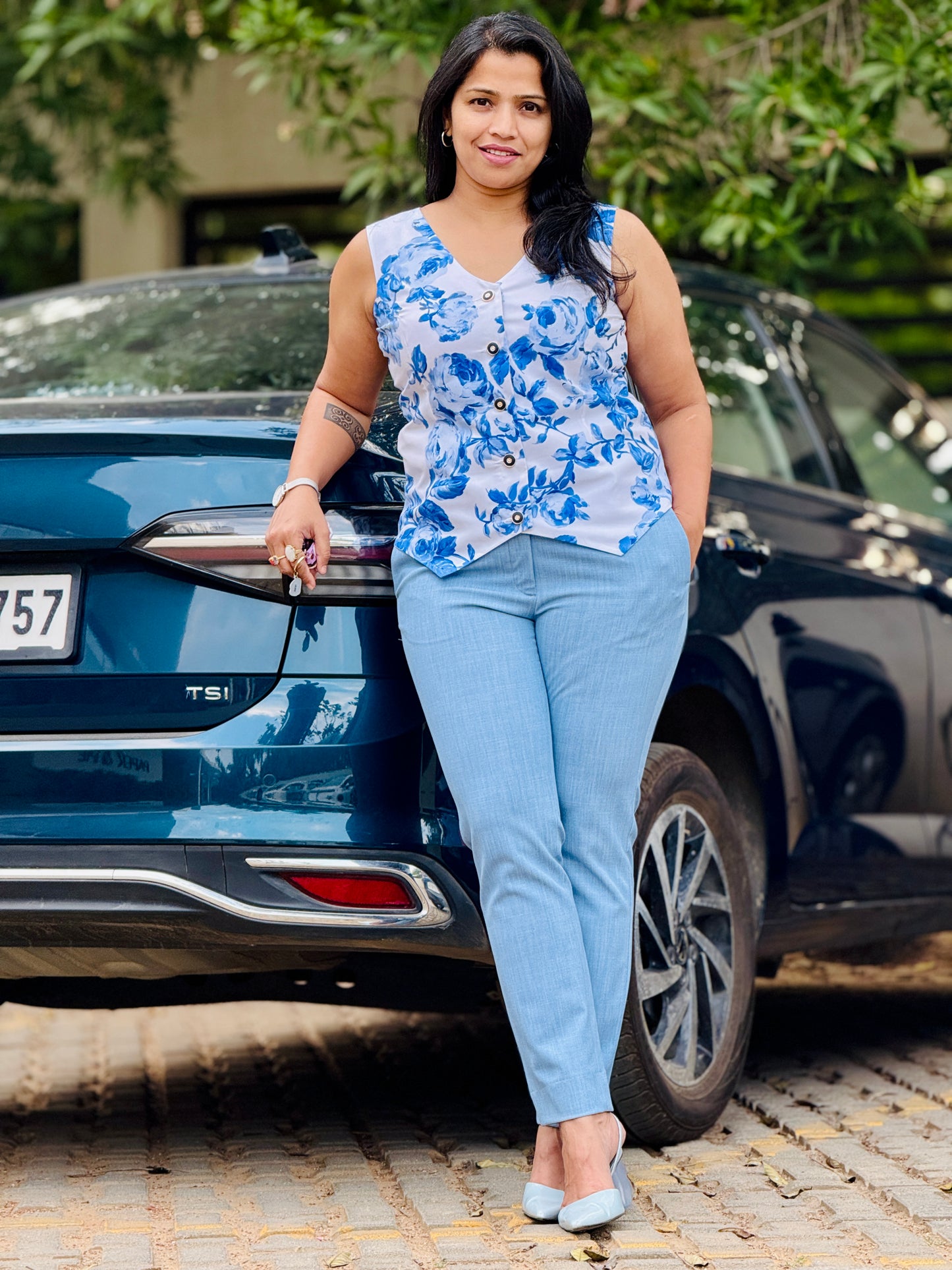 Women’s White & Blue Waistcoat – Premium Cotton Vest with Florals