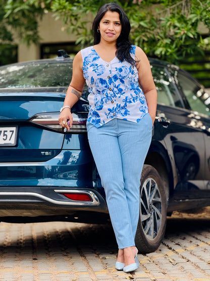 Women’s White & Blue Waistcoat – Premium Cotton Vest with Florals