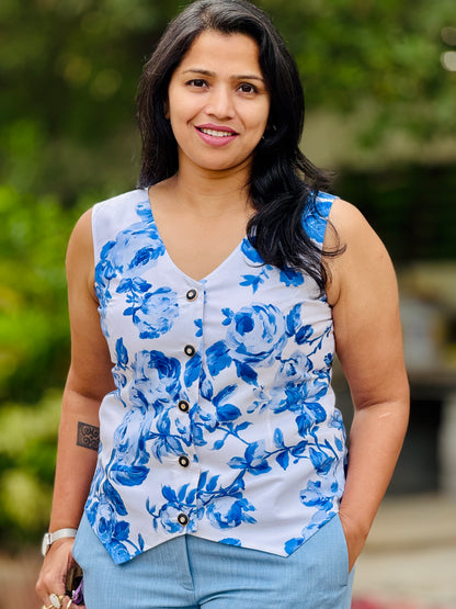 Women’s White & Blue Waistcoat – Premium Cotton Vest with Florals