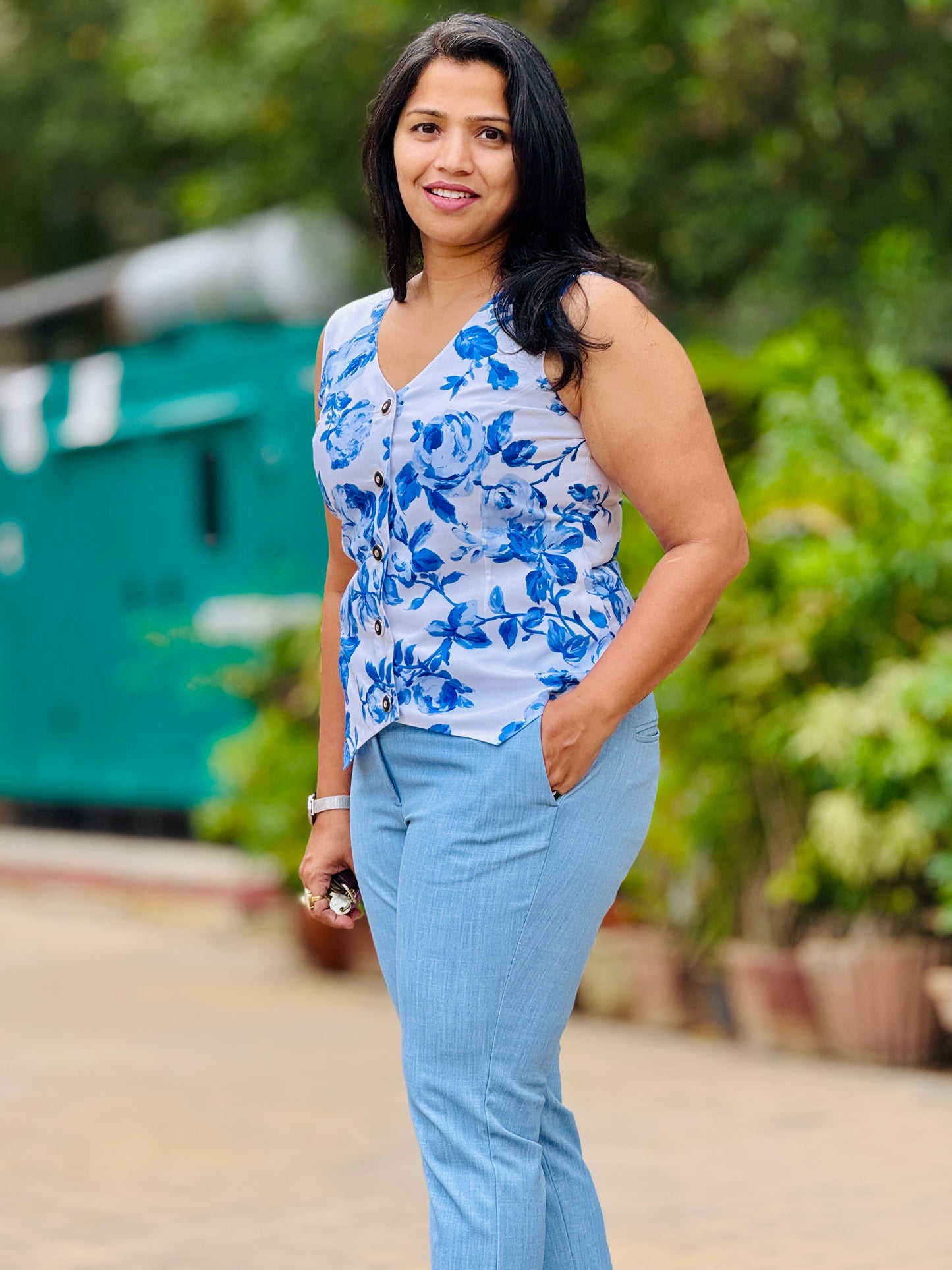 Women’s White & Blue Waistcoat – Premium Cotton Vest with Florals