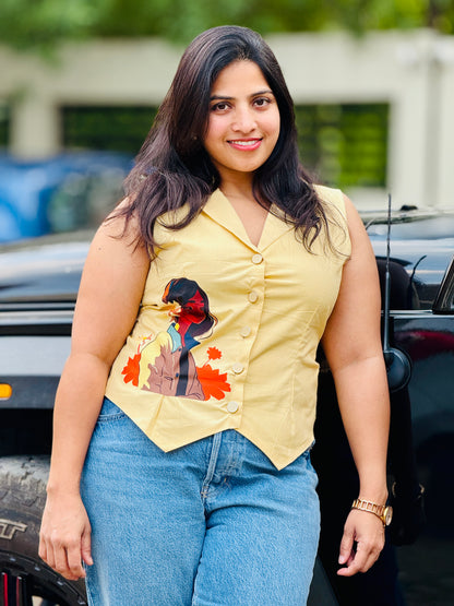 Women’s Snow Yellow Waistcoat – Premium Lenin Cotton Vest with beautiful girl