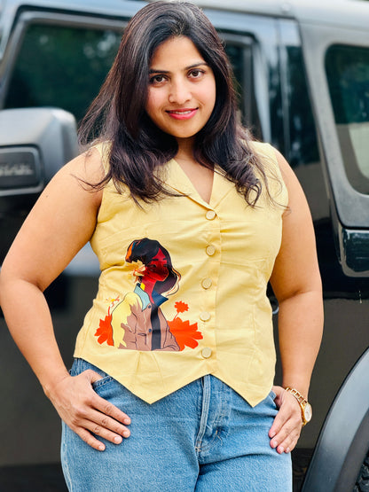 Women’s Snow Yellow Waistcoat – Premium Lenin Cotton Vest with beautiful girl