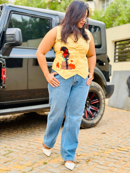 Women’s Snow Yellow Waistcoat – Premium Lenin Cotton Vest with beautiful girl