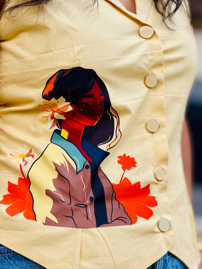 Women’s Snow Yellow Waistcoat – Premium Lenin Cotton Vest with beautiful girl