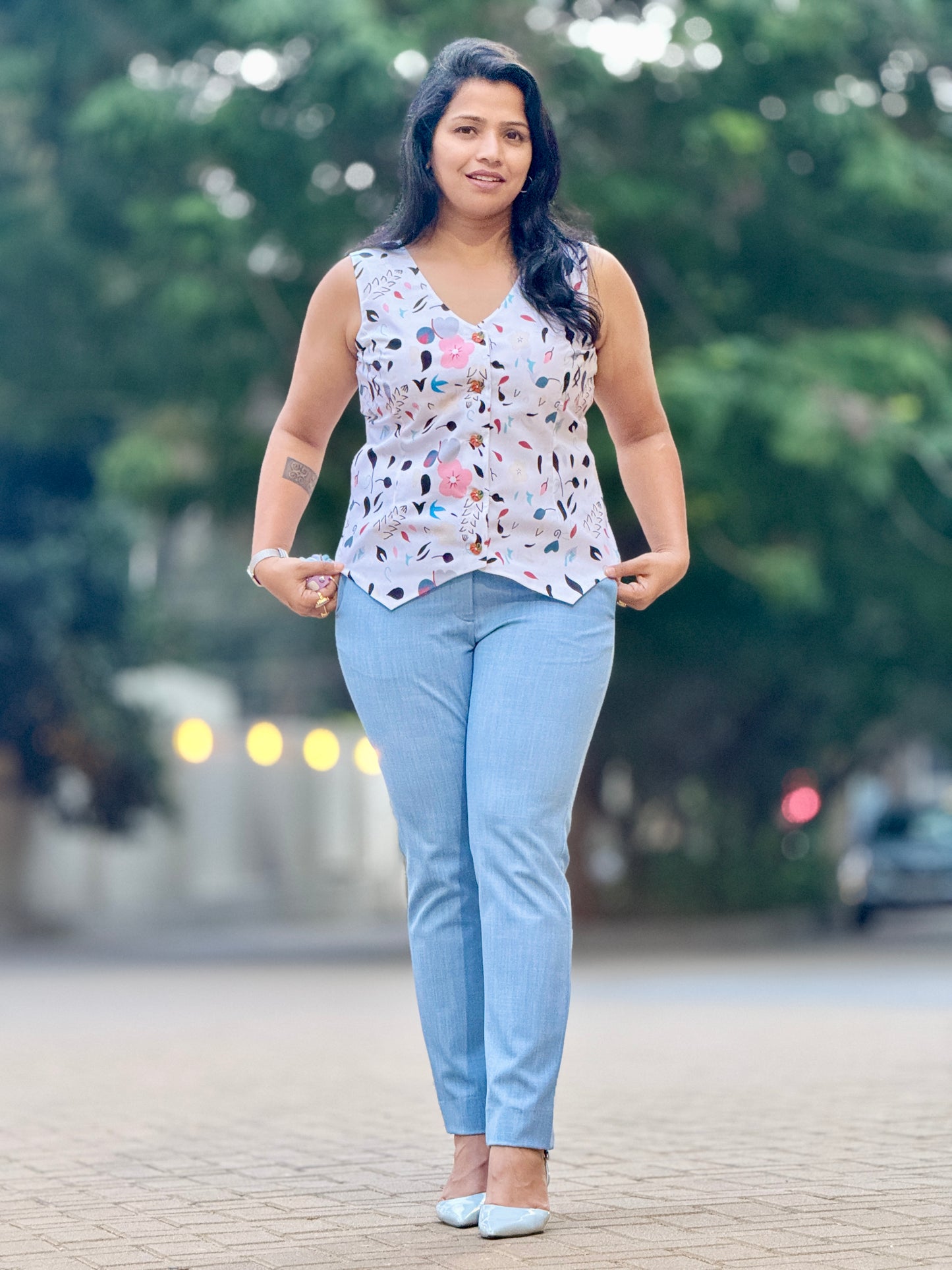 Women’s White & Blue Waistcoat – Premium Cotton Vest with flowers & Leaves