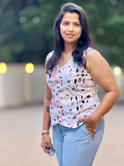 Women’s White & Blue Waistcoat – Premium Cotton Vest with flowers & Leaves