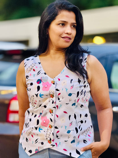 Women’s White & Blue Waistcoat – Premium Cotton Vest with flowers & Leaves