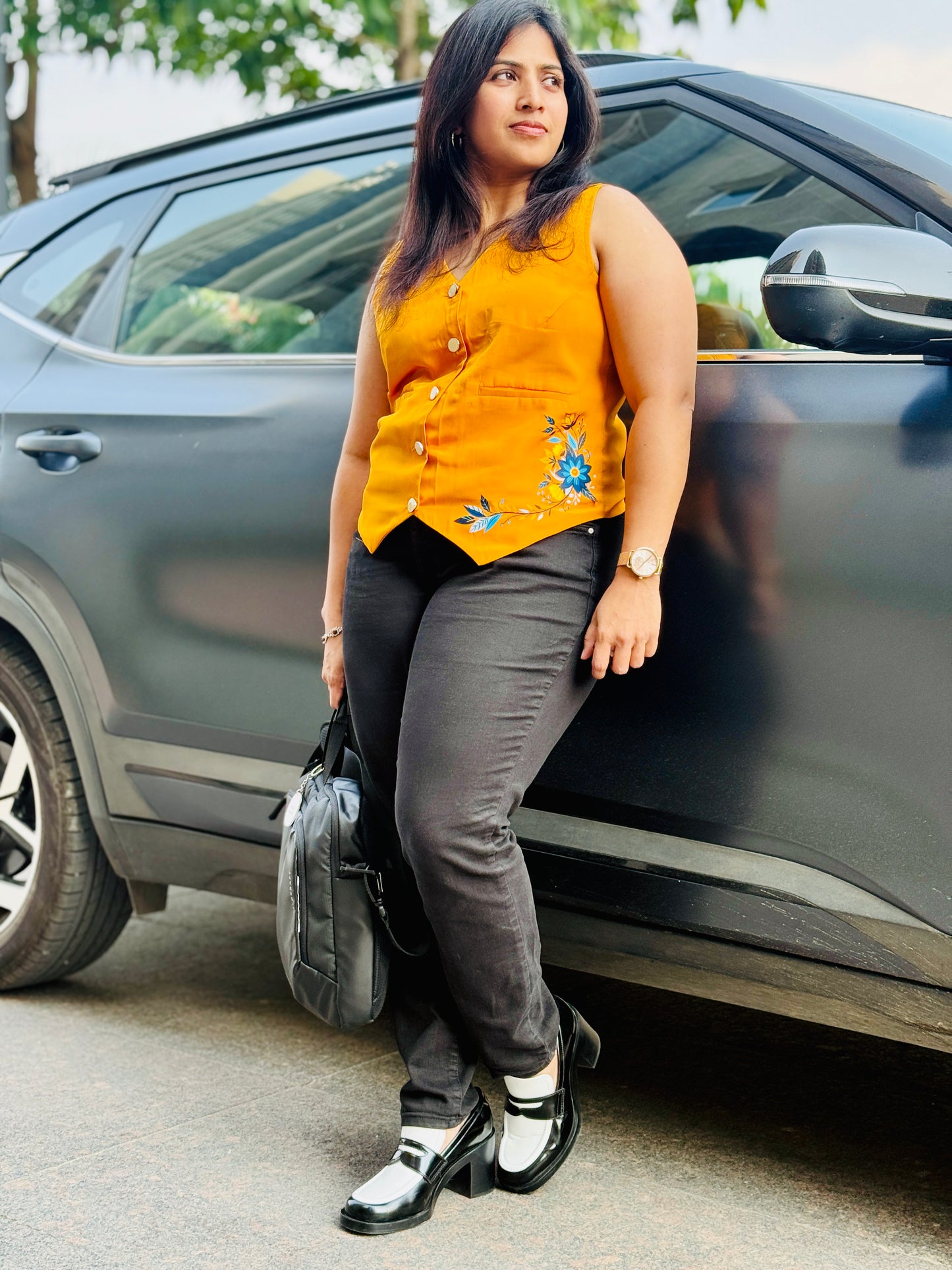 Women’s French Crepe Waistcoat –  Tangerine Orange , Printed Vest