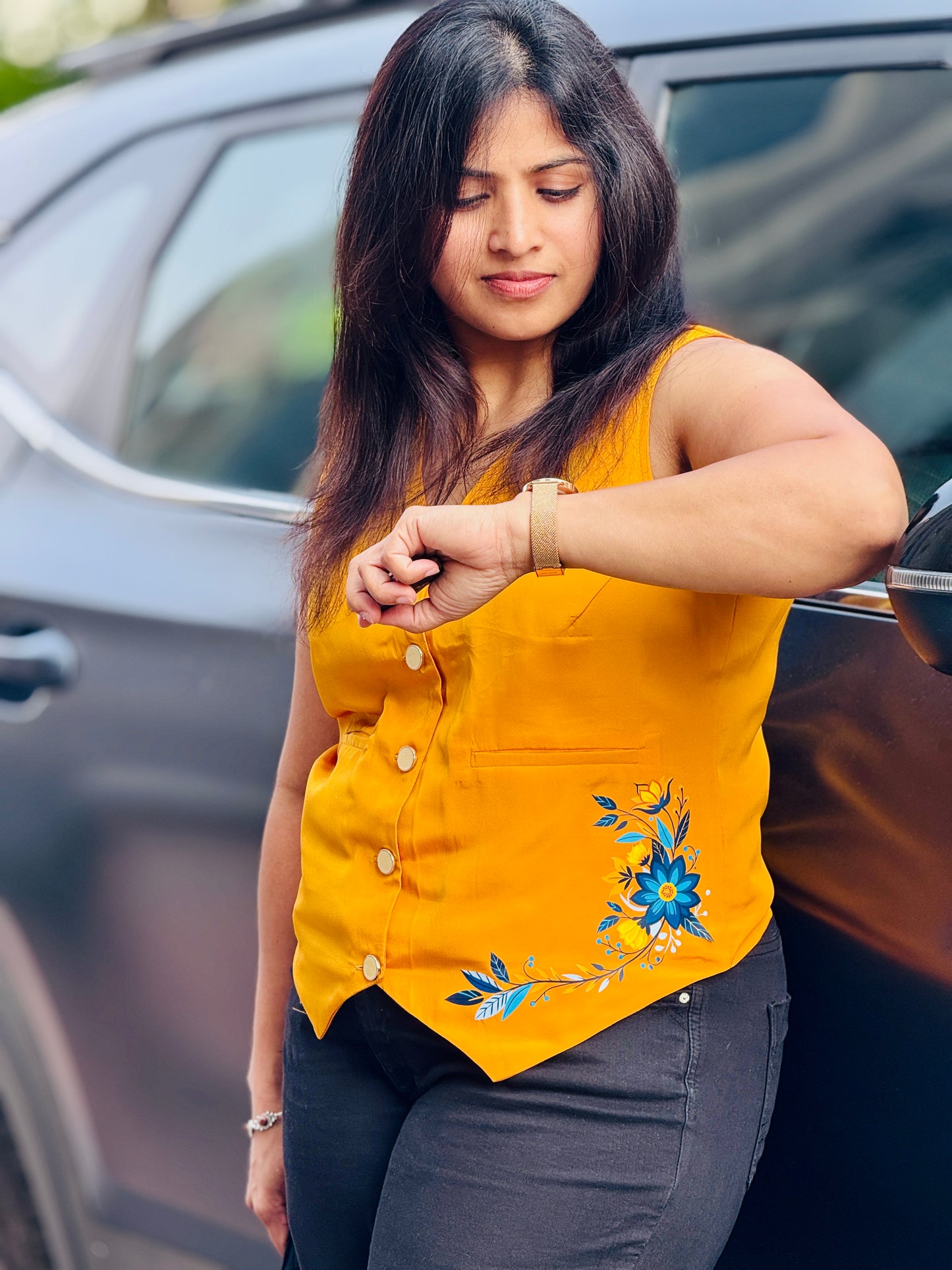 Women’s French Crepe Waistcoat –  Tangerine Orange , Printed Vest