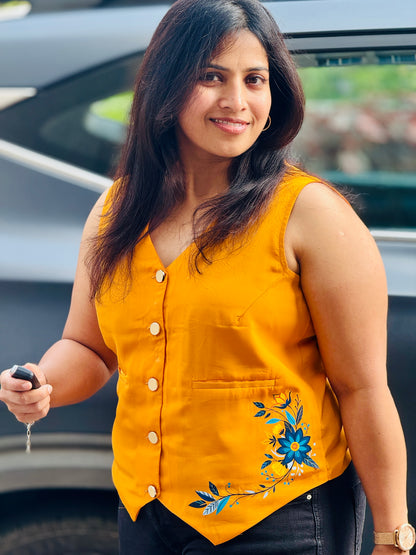 Women’s French Crepe Waistcoat –  Tangerine Orange , Printed Vest