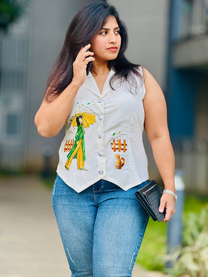 Women’s White Printed Designer Waistcoat – Premium French Crepe Vest