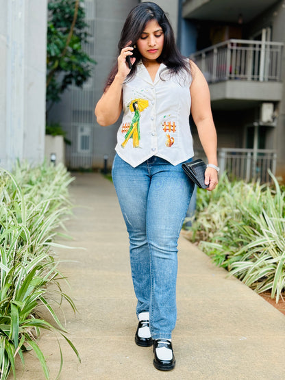 Women’s White Printed Designer Waistcoat – Premium French Crepe Vest