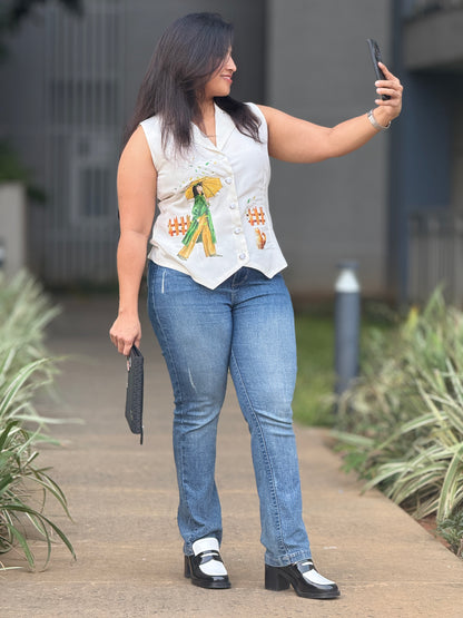 Women’s White Printed Designer Waistcoat – Premium French Crepe Vest