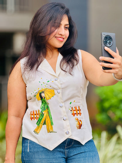 Women’s White Printed Designer Waistcoat – Premium French Crepe Vest