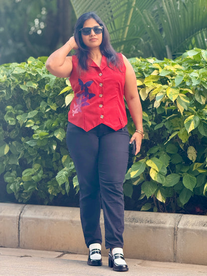 Women’s Red Waistcoat –Printed Butter Crepe Vest