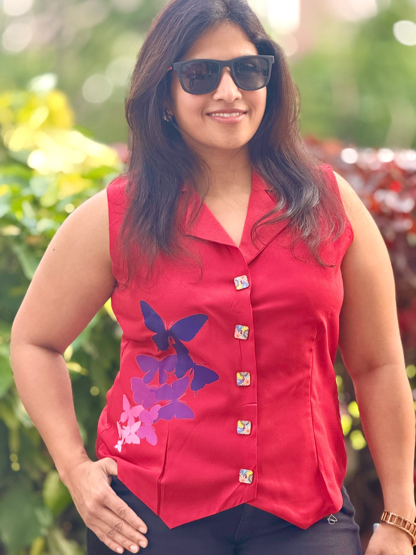 Women’s Red Waistcoat –Printed Butter Crepe Vest