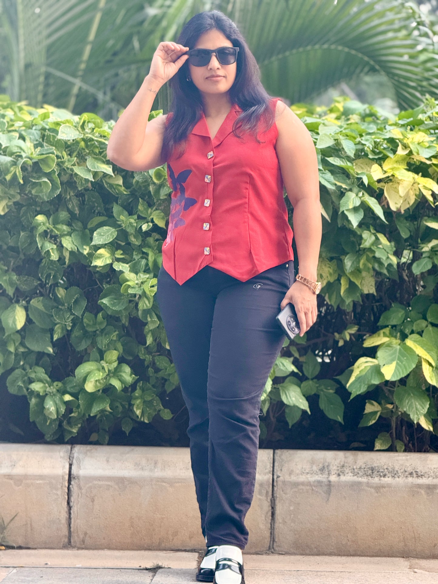 Women’s Red Waistcoat –Printed Butter Crepe Vest