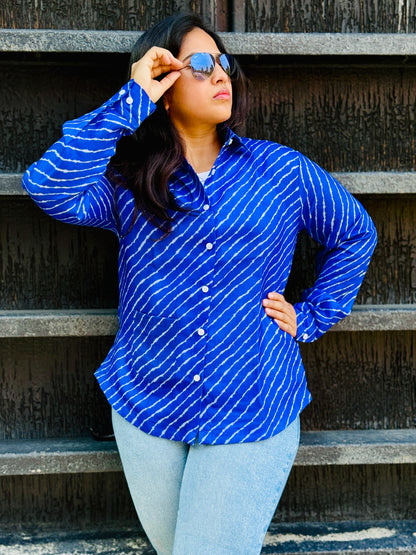 Women’s Robin Blue 100% Linen Cotton Shirt - Cross-Stripe Pattern