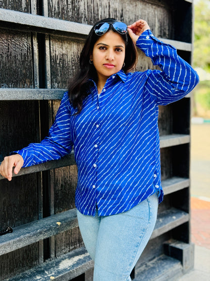 Women’s Robin Blue 100% Linen Cotton Shirt - Cross-Stripe Pattern