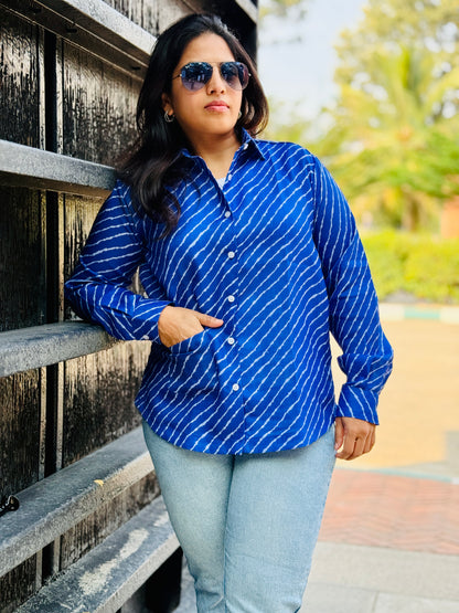 Women’s Robin Blue 100% Linen Cotton Shirt - Cross-Stripe Pattern