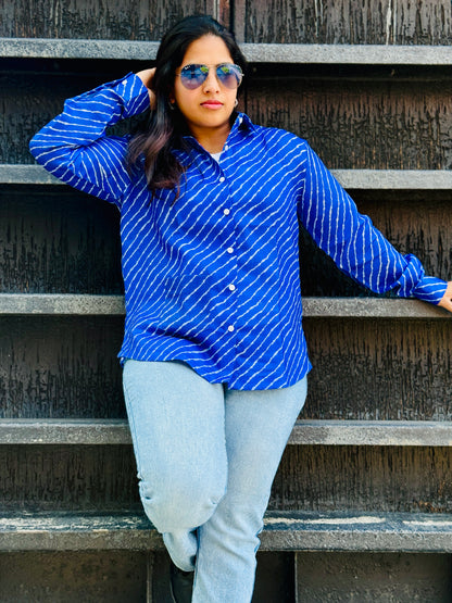 Women’s Robin Blue 100% Linen Cotton Shirt - Cross-Stripe Pattern