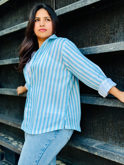 Women’s Sky Blue 100% Linen Cotton Striped Shirt