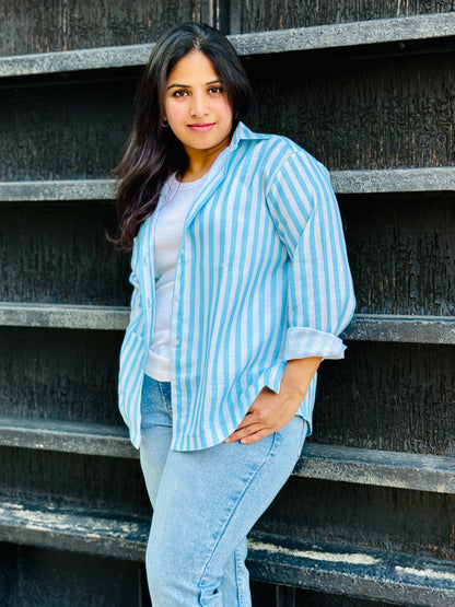 Women’s Sky Blue 100% Linen Cotton Striped Shirt