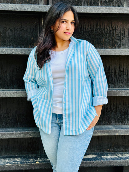 Women’s Sky Blue 100% Linen Cotton Striped Shirt