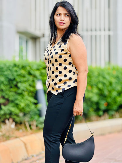 Women’s Golden Waistcoat with Polka Dots– French Crepe Vest