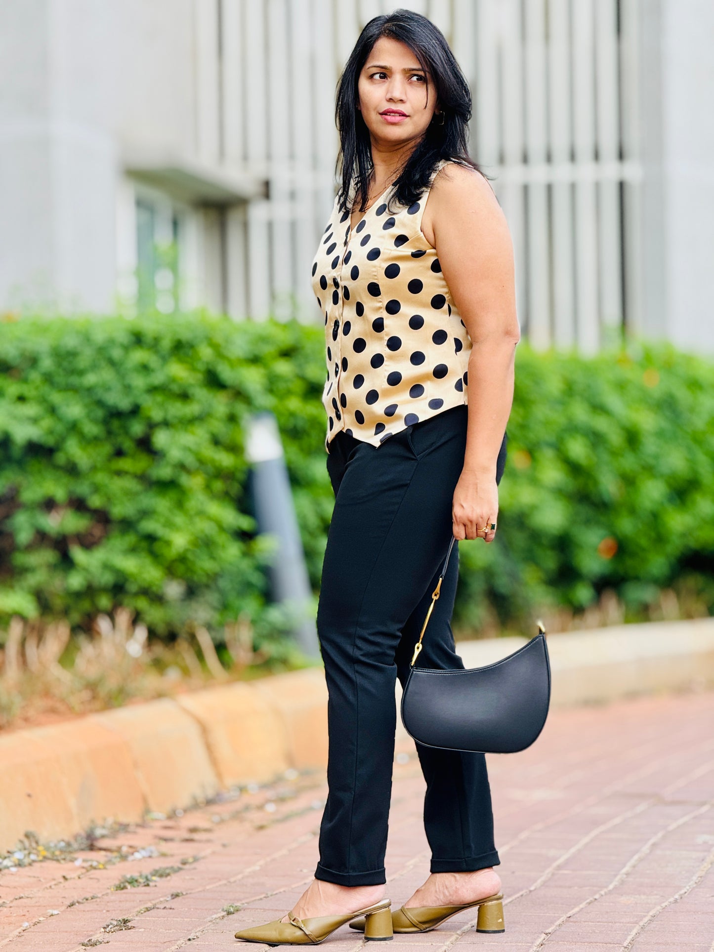 Women’s Golden Waistcoat with Polka Dots– French Crepe Vest