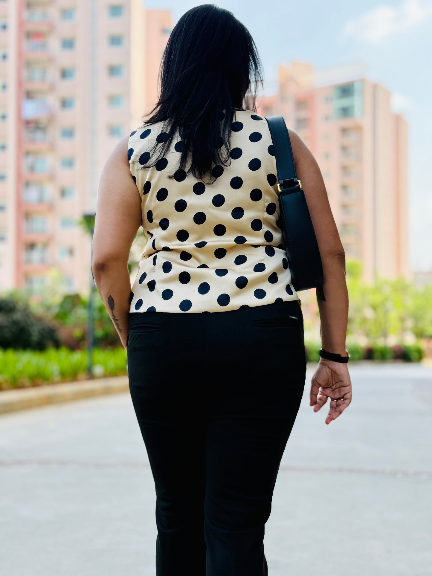 Women’s Golden Waistcoat with Polka Dots– French Crepe Vest