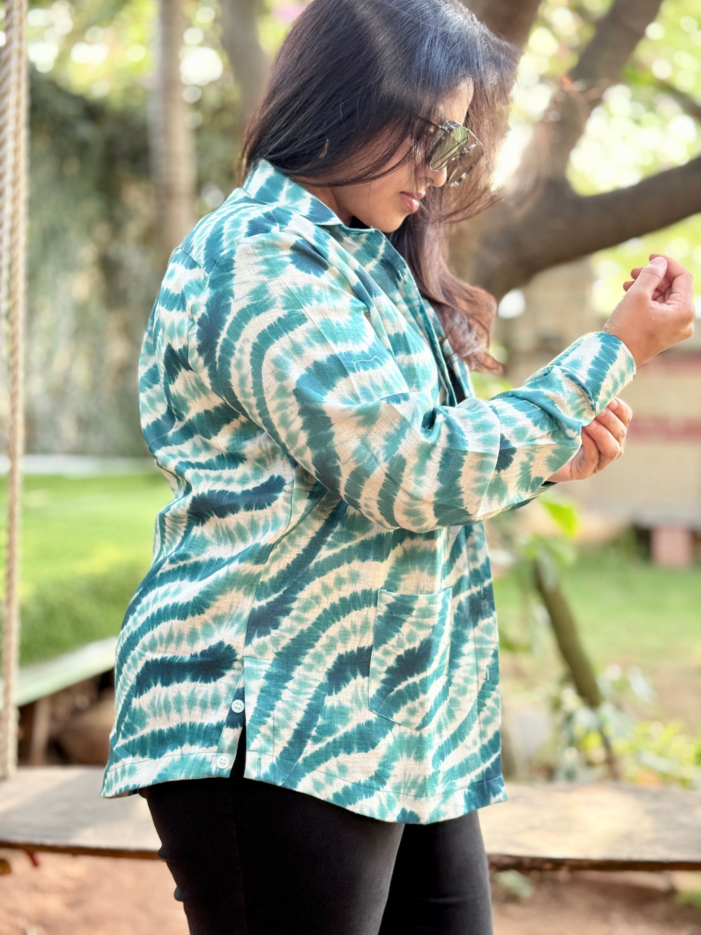 Women’s Green Linen Cotton Shirt — Marble Print