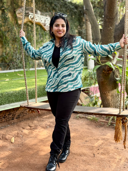 Women’s Green Linen Cotton Shirt — Marble Print