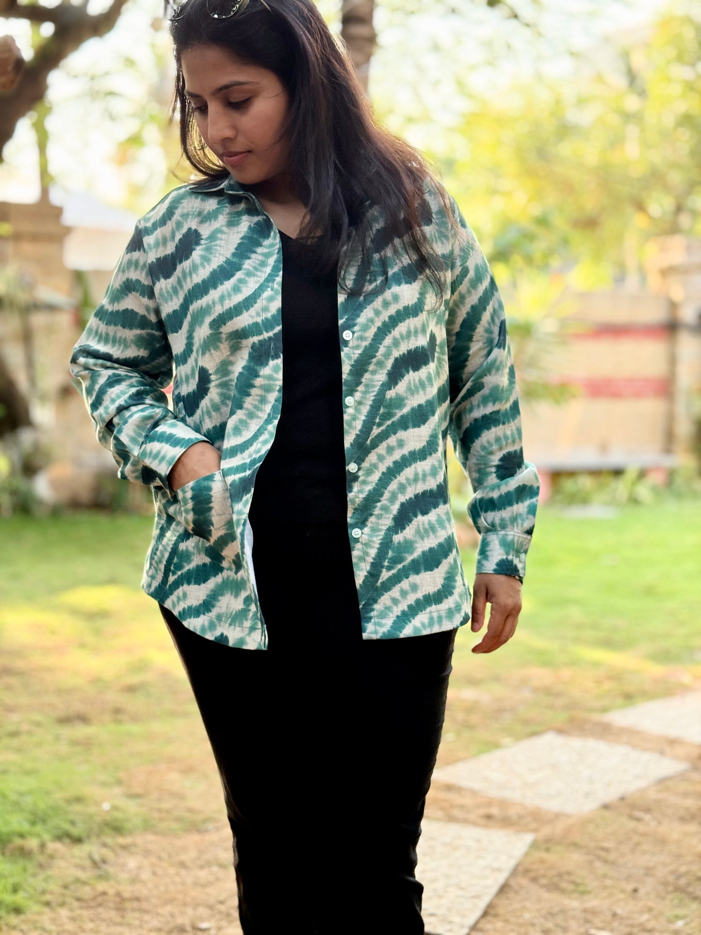 Women’s Green Linen Cotton Shirt — Marble Print