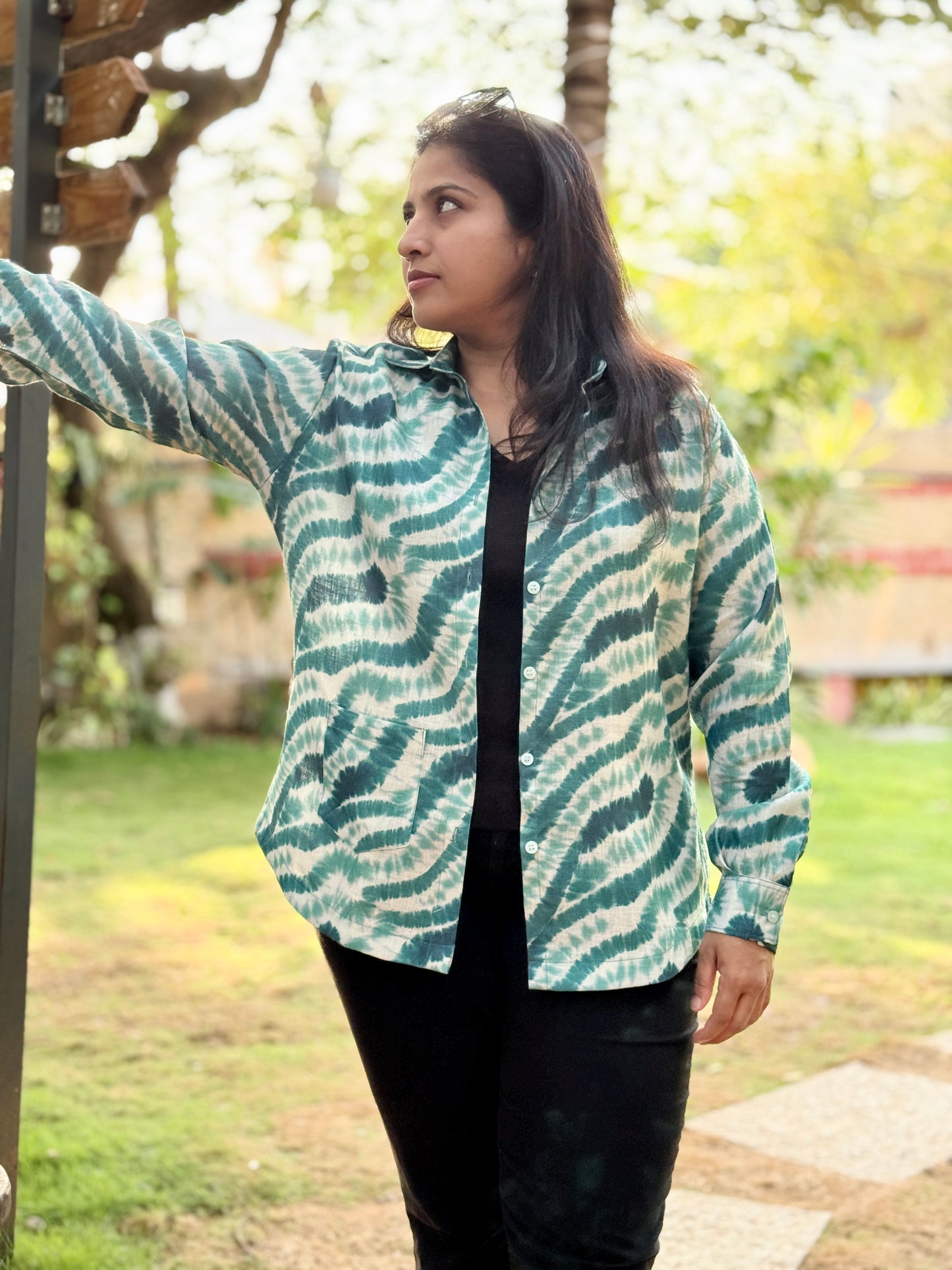 Women’s Green Linen Cotton Shirt — Marble Print