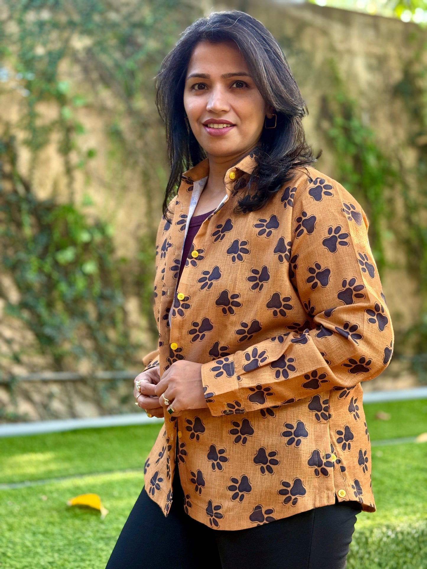 Women’s Mustard Yellow 100% Linen Cotton Shirt — Cute Paw Prints