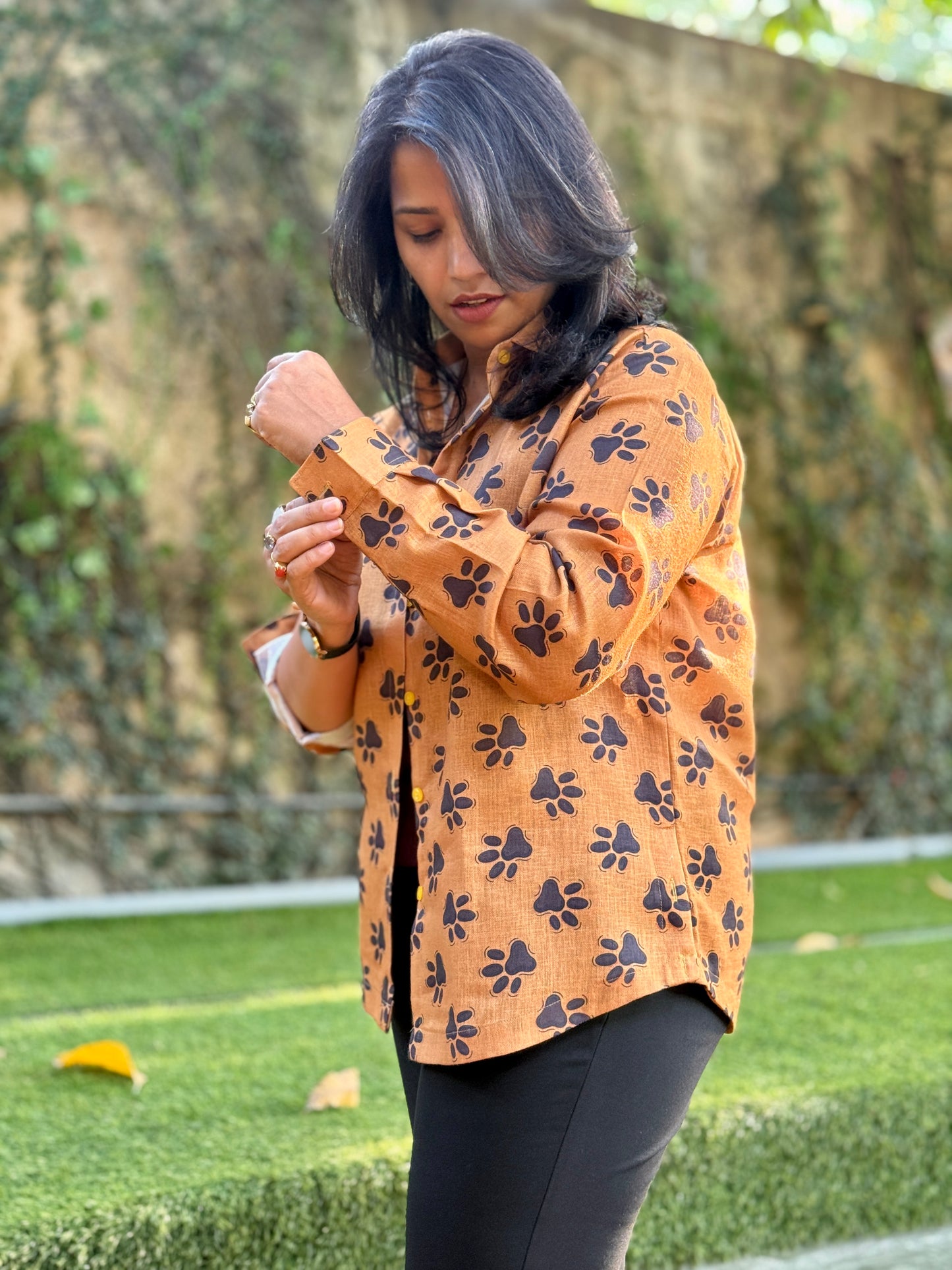 Women’s Mustard Yellow 100% Linen Cotton Shirt — Cute Paw Prints