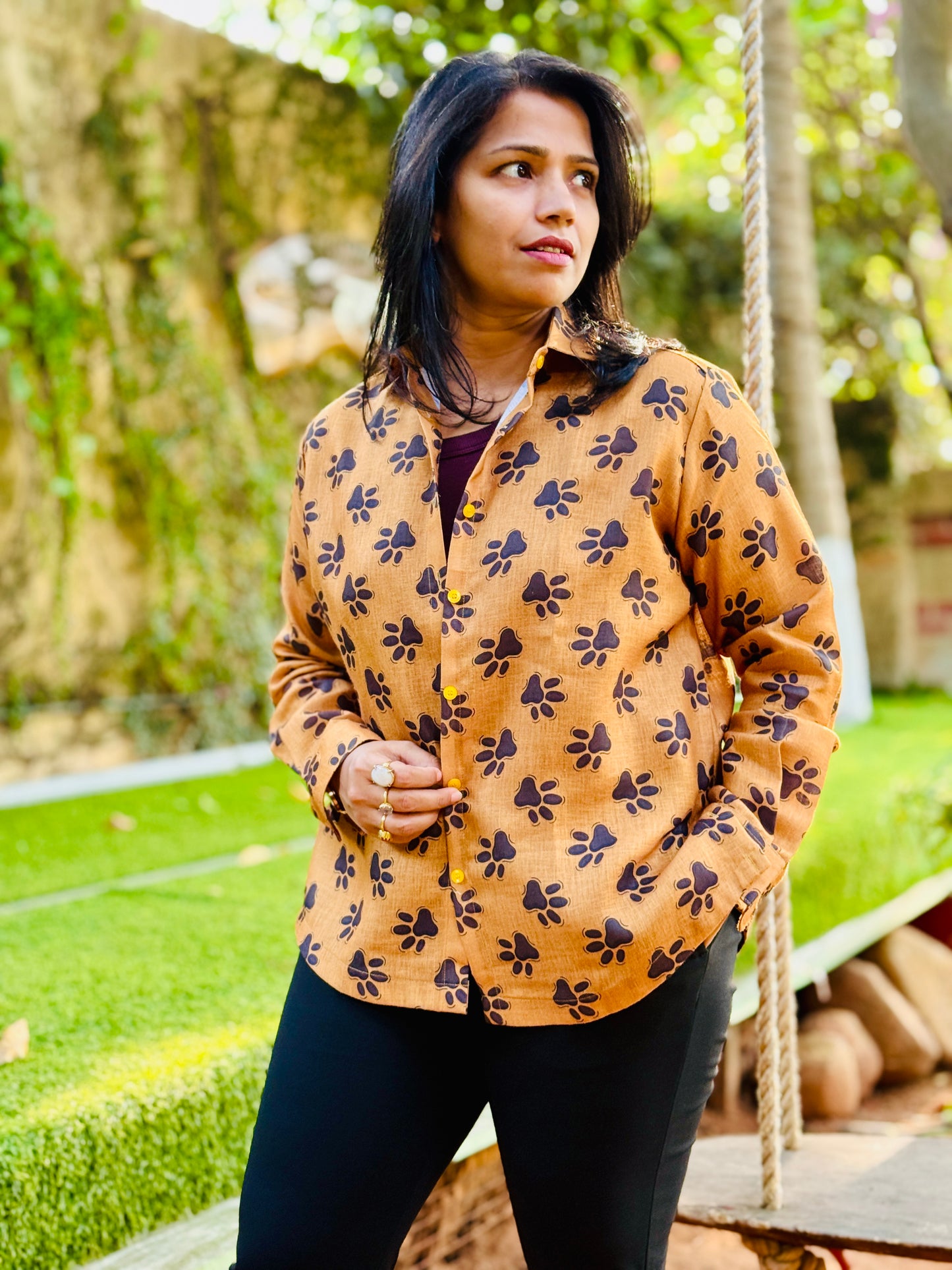 Women’s Mustard Yellow 100% Linen Cotton Shirt — Cute Paw Prints