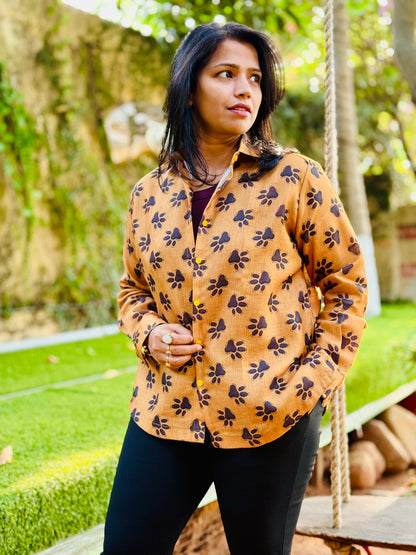 Women’s Mustard Yellow 100% Linen Cotton Shirt — Cute Paw Prints