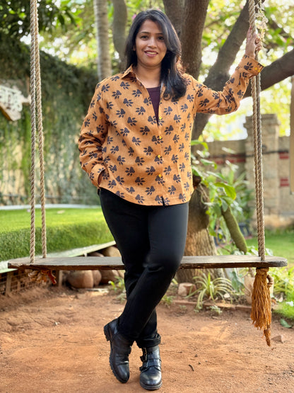 Women’s Mustard Yellow 100% Linen Cotton Shirt — Cute Paw Prints