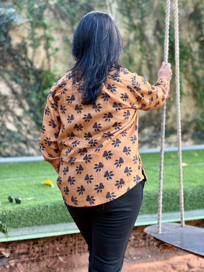 Women’s Mustard Yellow 100% Linen Cotton Shirt — Cute Paw Prints