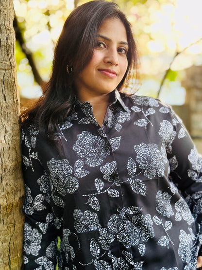 Women’s Black & White Crepe Cotton Shirt — Graphic Floral Print