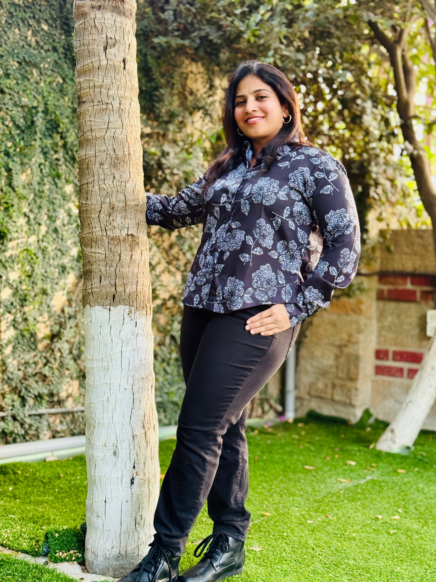 Women’s Black & White Crepe Cotton Shirt — Graphic Floral Print