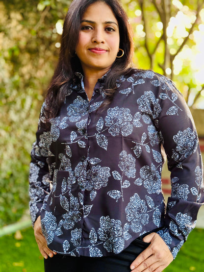 Women’s Black & White Crepe Cotton Shirt — Graphic Floral Print