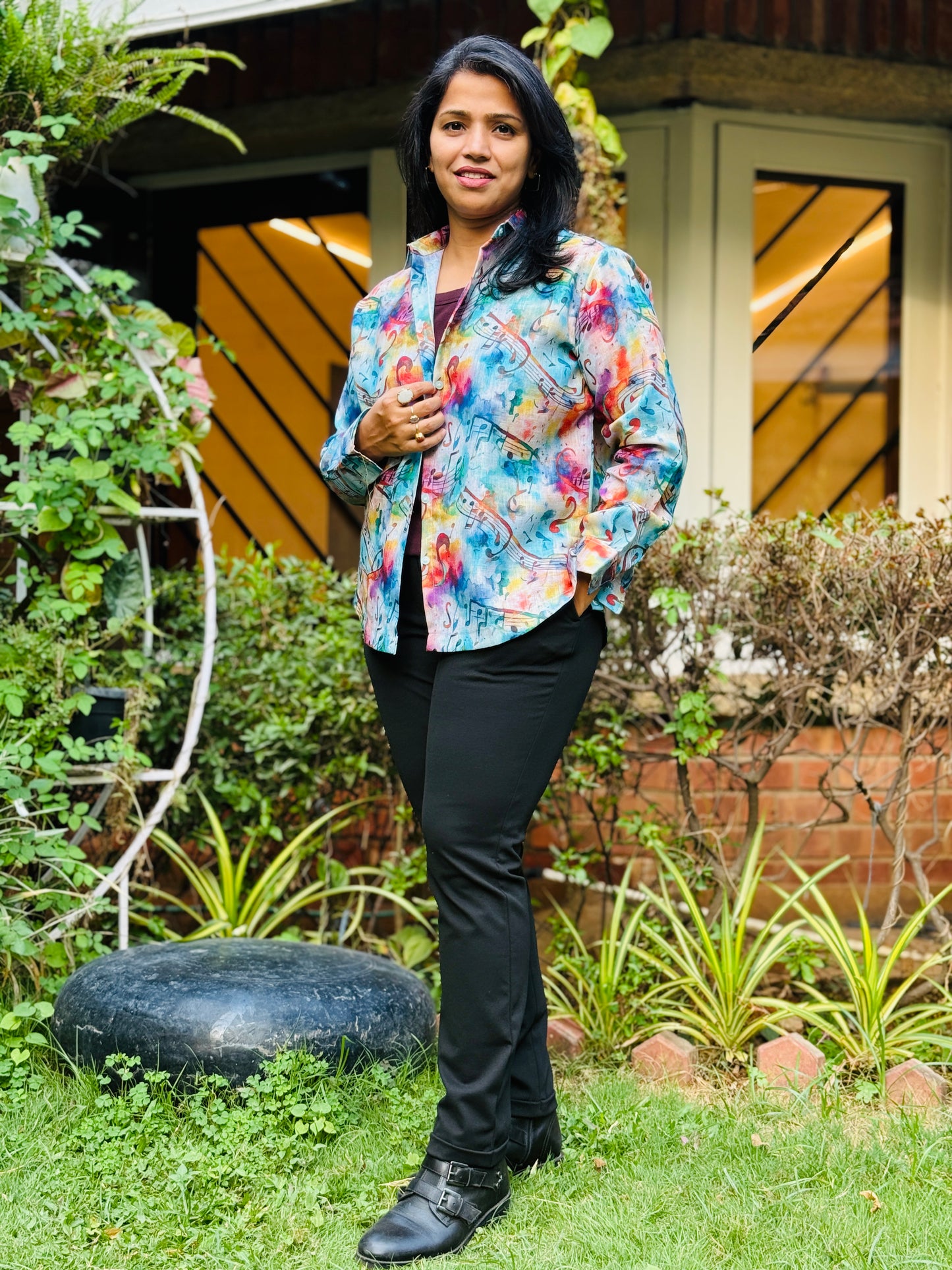 Women’s Blue & Pink 100% Linen Cotton Shirt - Music-Hues Print